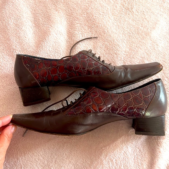 37.5 Made in Italy Leather Shoes Square Toe Low Chunky Heels Laces - Picture 8 of 12